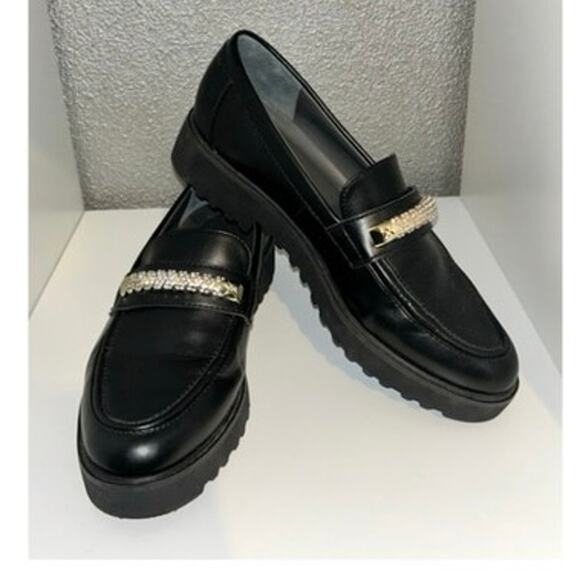 Franco Sarto Carol Bling Loafers 7 Black Rhinestone Lug Sole Preppy Academia - Picture 1 of 10